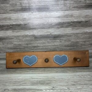 Vintage Wood Blue Heart Peg Wall Hanging Country Cottage Decor Rack